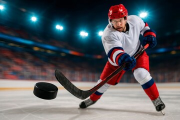 Obraz premium Ice Hockey Player Action. A focused ice hockey player in red and white uniform takes a powerful shot, sending the puck airborne on the ice rink. Dynamic action in a lit arena.