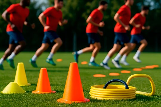Football Agility Drill Training. Youth football players in red jerseys and yellow pants perform agility drills with cones and stacked discs on a sunny field. Training focus.