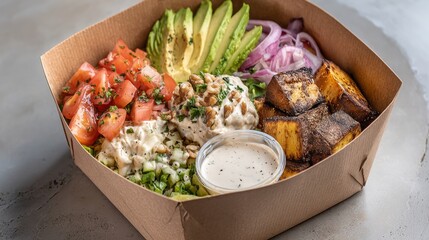 insalata, ricca, avocado, noci, pomodori, salsa, yogurt, salse, asporto, cartone, contenitore, veloce, alimento, salutare, piatti, freschi, verde, vegetariana, pranzare, cena, ortaggio, cucina, cotto