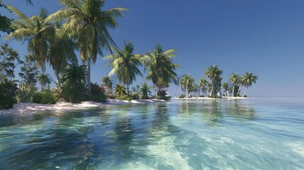 Picturesque scene showcases a tropical island paradise, featuring lush green palm trees, sandy beaches, and crystalline turquoise waters under a clear, vibrant blue sky, creating a tranquil and...