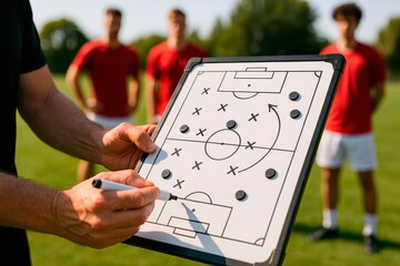 A coach points to a whiteboard with magnetic markers showing soccer formations while players in red uniforms listen attentively on a sunny field.
