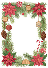 Christmas frame with pine branches, poinsettia, Christmas tree decor and Christmas sweets
