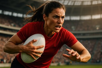 Female Rugby Player Sprinting with Ball in Stadium. A determined female rugby player in a red jersey sprints with a rugby ball in a stadium, showcasing athleticism, intensity, and competitive spirit.