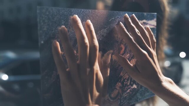 Closeup medium shot of hands smoothing out a vinyl promotional decal on a transparent window main subject sharp against a softly blurred urban backdrop.