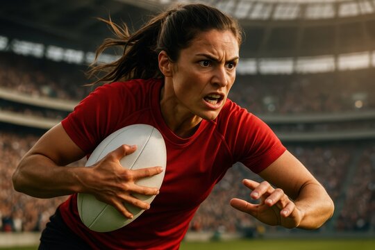 Female Rugby Player Sprinting with Ball in Stadium. A determined female rugby player in a red jersey sprints with a rugby ball in a stadium, showcasing athleticism, intensity, and competitive spirit.