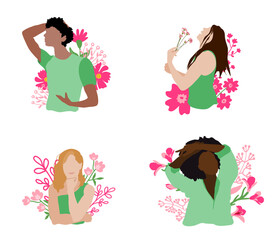 Portrait de femmes avec un arrière plan de fleurs rose, différentes origines ethniques et postures calme et poétique. Illustration vectorielle fait main