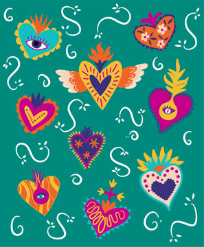 Ex-voto d'art populaire. Collection d'illustrations de c&oelig;urs sacr&eacute;s mexicains color&eacute;s avec des motifs abstrait et des yeux, des motifs de flammes, d'ailes et de plantes.