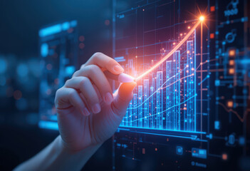 Hand drawing glowing growth chart on futuristic screen with financial data overlay.