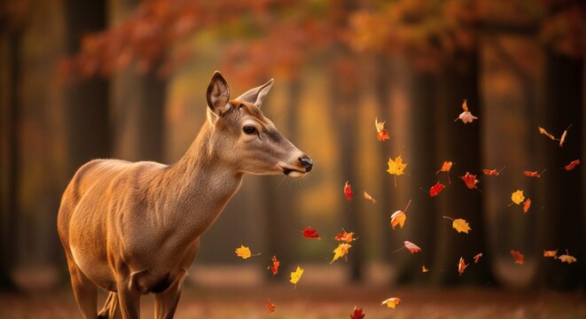 Stunning natural wildlife portrait of a beautiful young deer standing in a magical forest while colorful autumn leaves gracefully float through the warm evening air - Powered by Adobe