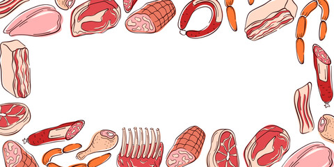 Border frame with different meat cuts in flat style. Perfect for butcher shop design, restaurant menu, culinary book or background in food related illustration.