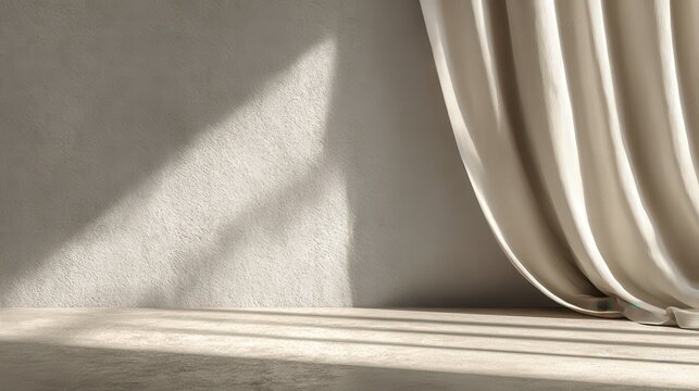 Elegant photo of minimal interior with sunlight and beige curtain for product presentation.