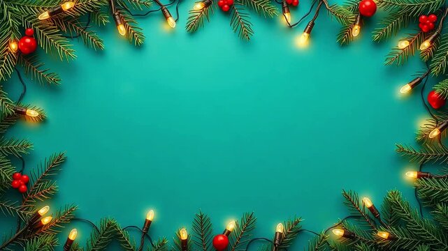 A festive frame made of lit garlands and fir branches, on a turquoise background, with empty space. Design for a Christmas banner, greeting card, and invitation