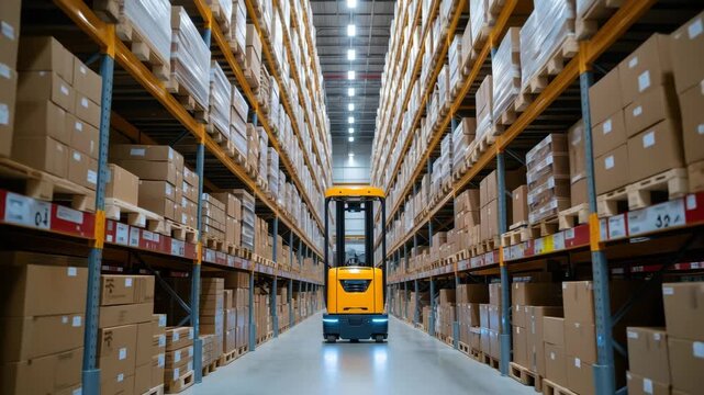 The automated pallet stacker moves through a spacious warehouse, efficiently organizing boxes on shelves. The area is well-lit, showcasing an array of stacked boxes along the aisles