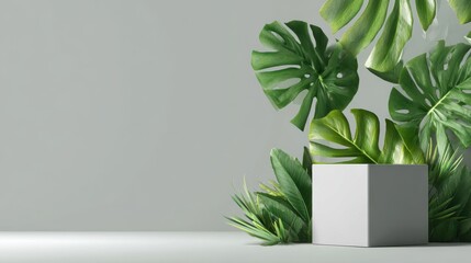 Elegant photo of minimalist product display with white cube and tropical leaves on gray background.
