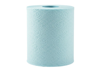 Light blue paper towel roll isolated, absorbent cleaning supply for kitchen and bathroom use on a transparent background