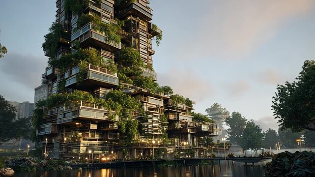 A towering skyscraper with movable parts and lush greenery, a scene of a modular skyscraper and an aerial garden, deep focus.