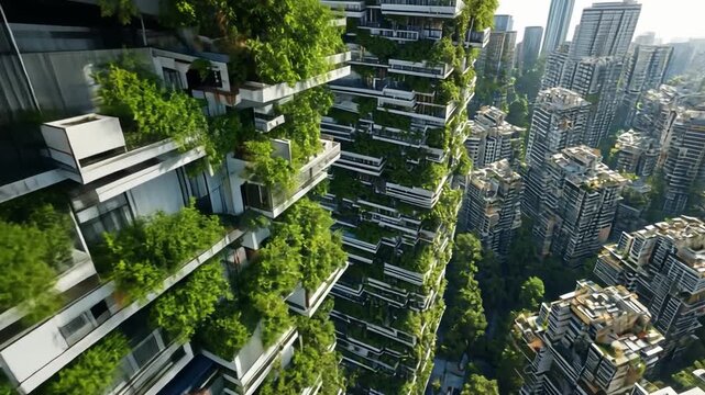 A towering skyscraper with movable parts and lush greenery, a scene of a modular skyscraper and an aerial garden.