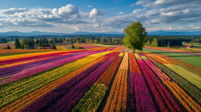 Fields of vibrant, multicolored flowers bloom across the landscape, forming rows of vivid hues under a partially cloudy sky, with a lone tree standing in the middle, providing a stunning display of...