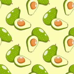 Seamless pattern of cartoon vegetables and fruits, bright colors.