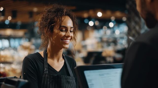 Medium shot showing a cashier interacting with a customer while the background is softly blurred capturing ergonomic techniques to reduce strain and speed up service.