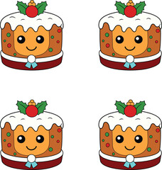 Vector cute cartoon Christmas cakes with faces and holly. 
