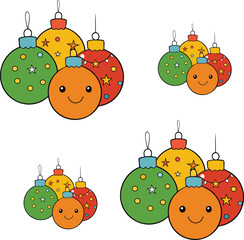 Cute Christmas ornaments with happy faces on white background vector illustration. 