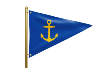 Blue triangular flag with yellow anchor isolated on transparent background, nautical symbol for maritime and naval themes