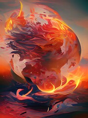 Vibrant abstract representation of fire swirling around a globe during twilight