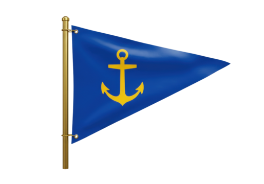 Blue triangular flag with yellow anchor isolated on transparent background, nautical symbol for maritime and naval themes