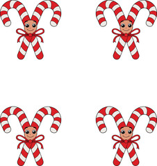 Christmas candy canes with cute faces and red bows on white background vector illustration. 