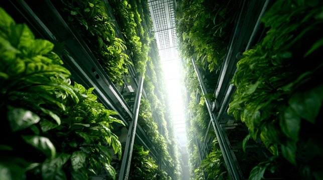 Lush green plants thrive in a vertical farming system, illuminated by bright light filtering through the infrastructure, creating a sense of growth and sustainability within the agricultural setting
