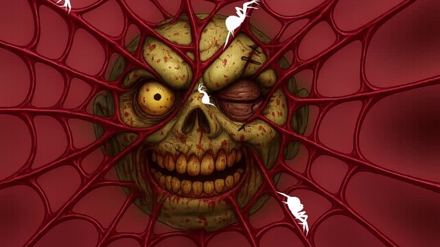 Halloween Zombie Spider Web &ndash; Creepy undead face trapped in a bloody horror web with crawling spiders. Perfect for scary intros, spooky motion graphics, and haunted Halloween designs.