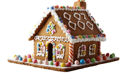 A gingerbread house decorated with colored icing and candies.