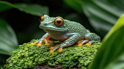 Fototapeta premium Vibrant frog on mossy log with leaves, eyes focused on camera