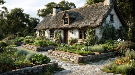 Fototapeta premium Charming rustic cottage with thatched roof surrounded by lush garden and stone pathway under clear sky in peaceful countryside setting