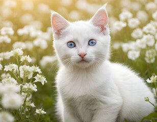 cat in the garden, A cute white kitten with blue eyes sits in a field of white flowers with soft lighting. white cat on green grass