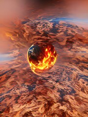 Planet engulfed in fiery elements as sea and sky merge at dusk creating a dramatic spectacle of nature and cosmic energy