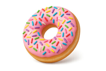 Delicious donut with pink frosting and sprinkles isolated on transparent background