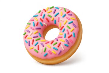 Delicious donut with pink frosting and sprinkles isolated on transparent background