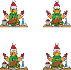 Vector illustration festive cartoon turkeys wearing Santa hats ready for thanksgiving dinner. 