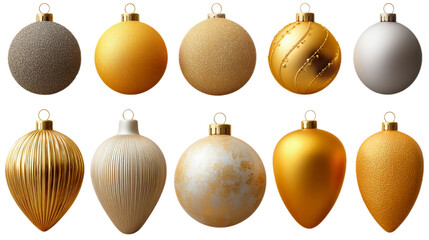 A variety of golden-brown Christmas balls on a transparent background.