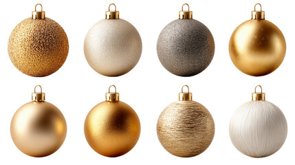A variety of golden-brown Christmas balls on a transparent background.