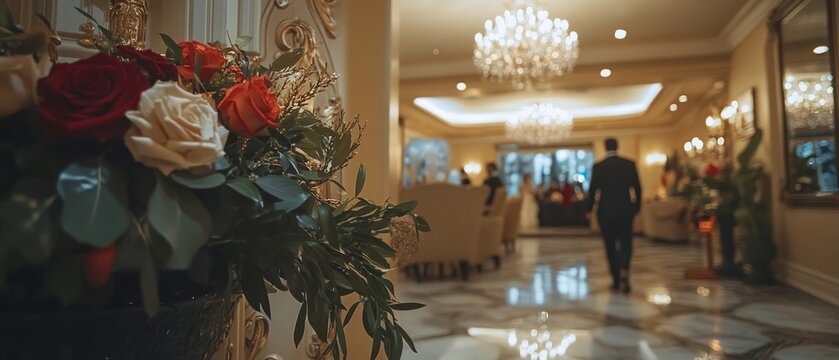 A luxurious event venue adorned with elegant floral arrangements and chandeliers, setting a sophisticated and inviting atmosphere