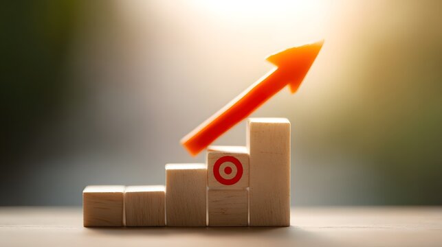 Wooden blocks with red upward arrow in sunlight, business financial success growth concept symbolizing profit, leadership, goal achievement, and progress