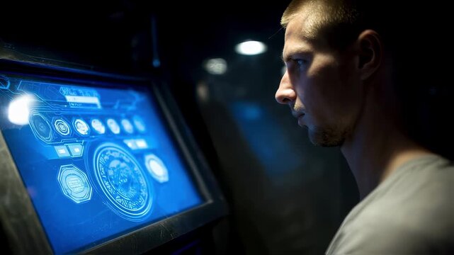 Medium shot capturing a user browsing color palette options on a futuristic device powered by AI pattern analysis with clear focus on the screen and blurred ambient lighting