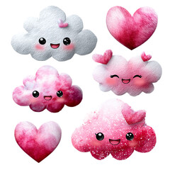Cartoon clouds with faces and various shades of white to pink, as well as a red heart on a transparent background.