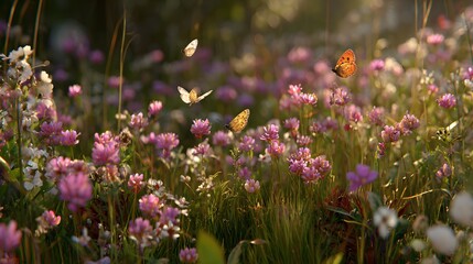 Butterflies flutter amidst a vibrant meadow of blooming pink and white wildflowers, bathed in warm sunlight, creating a scene of idyllic nature and peaceful serenity with lush green grass.