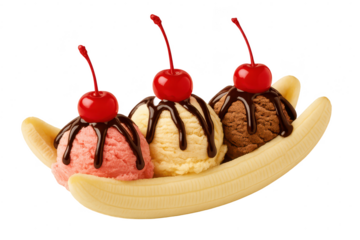 Delicious banana split dessert with chocolate sauce isolated on transparent