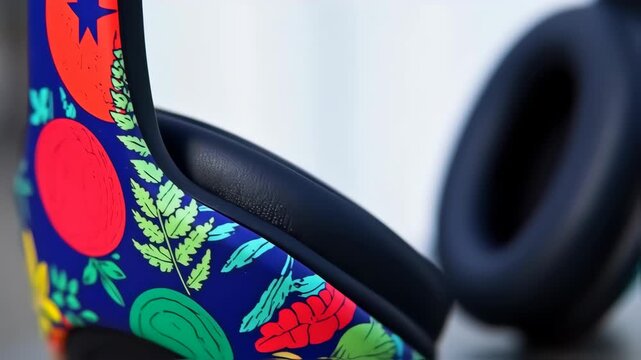 Close-up of a headphone headband with a vibrant floral design