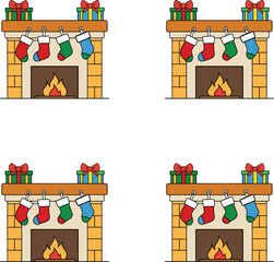 Vector illustration festive Christmas fireplaces decorated with stockings and gifts. 